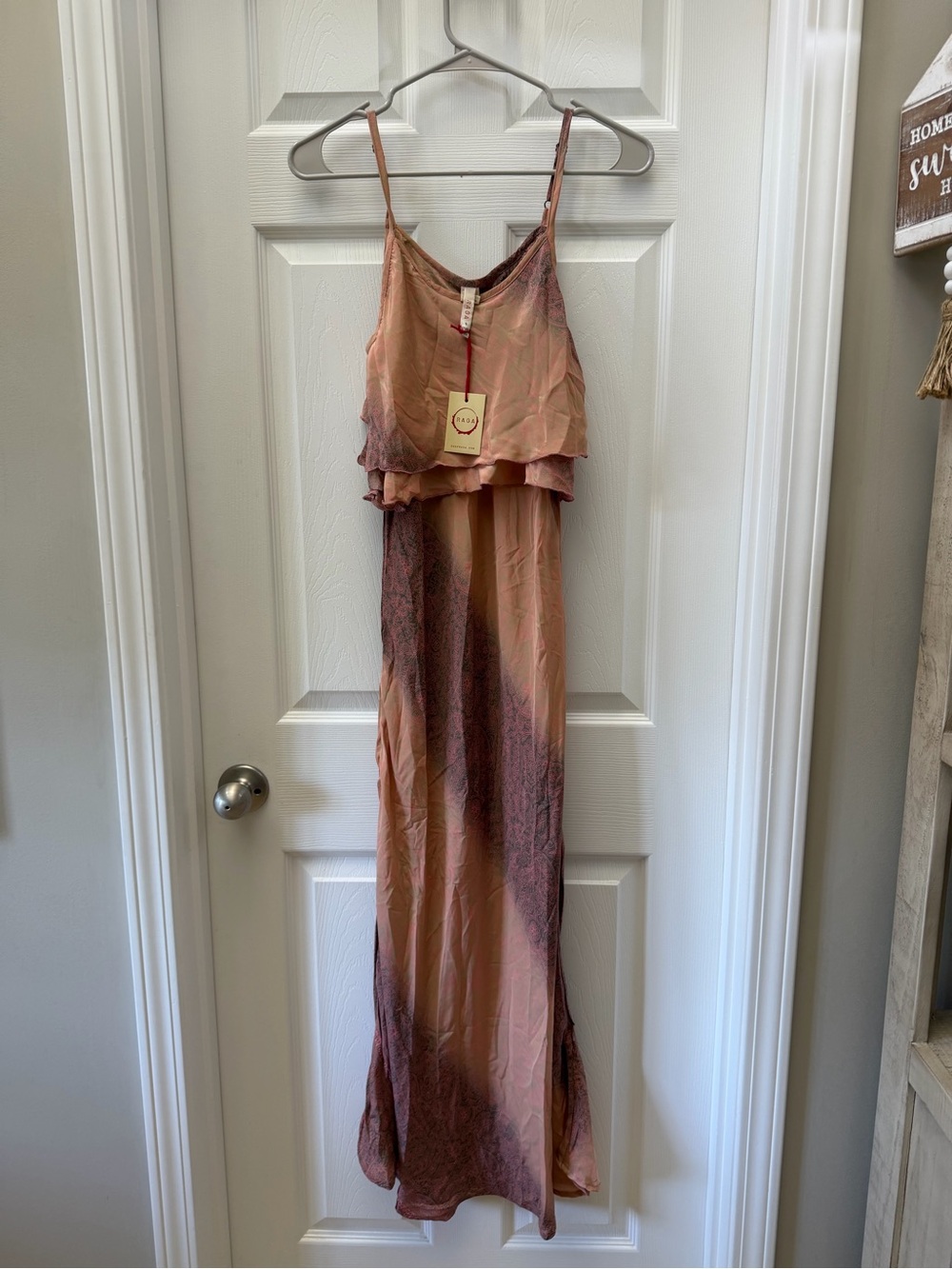 Raga Boho Paisley Layered Ruffle Maxi Dress Pink Mauve Size Small NWT